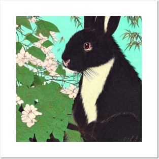 Cute Floral Black Fuzzy Lop Rabbit with Binkying Eyes Innocent Bunny Expression Emotional Animal Posters and Art